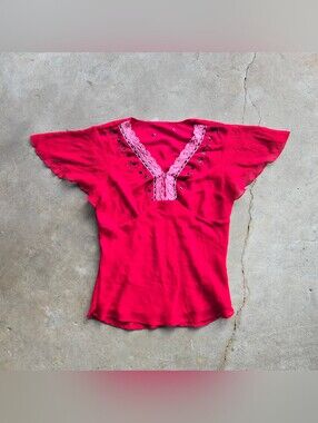 Vtg Y2k beaded flutter fairy v neck red top